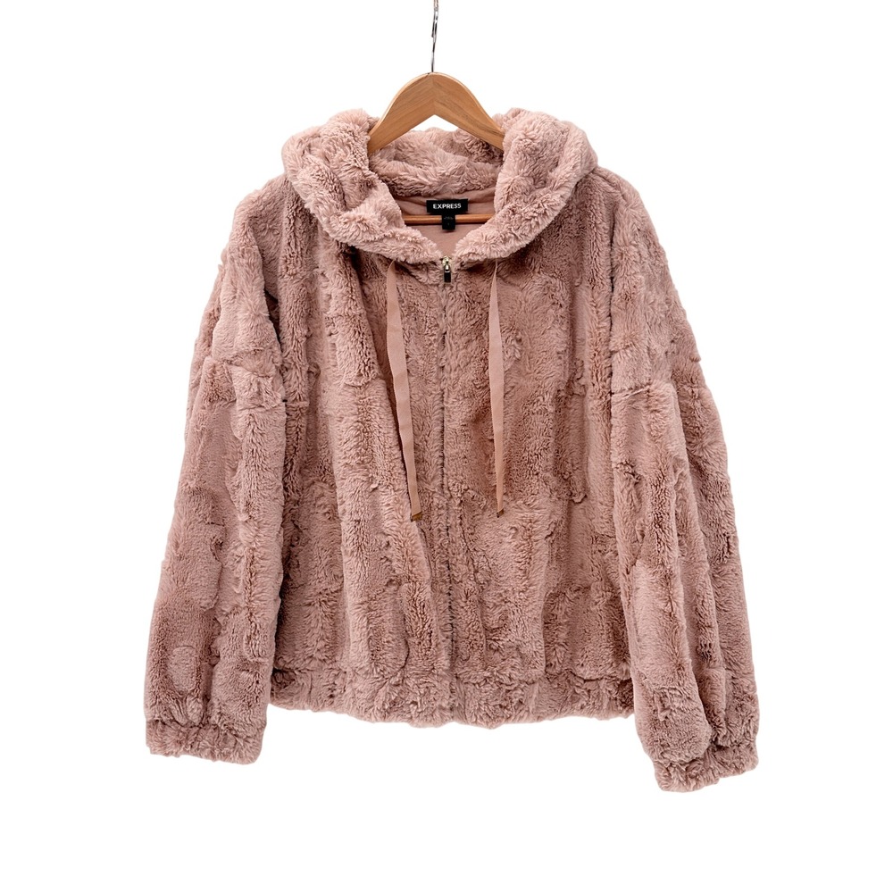 Express Jacket Teddy Faux Fur Pink Full Zip Hooded